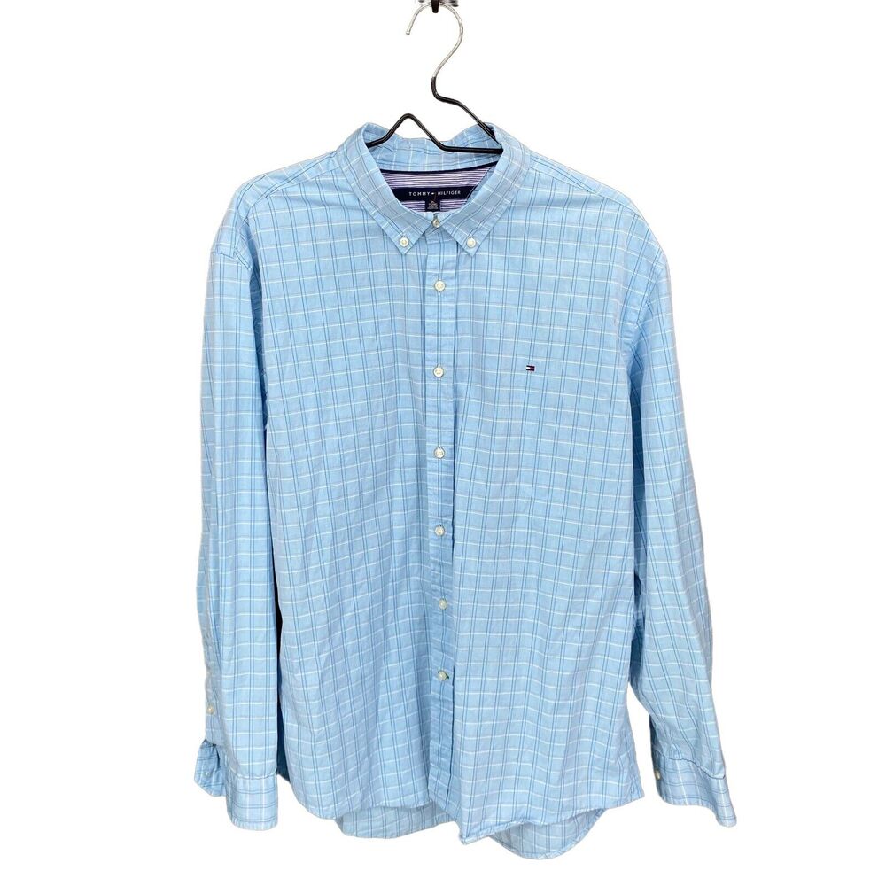 Tommy Hilfiger Men's 80's 2 Ply Fabric Plaid Button Up Shirt Sz XL Light Blue